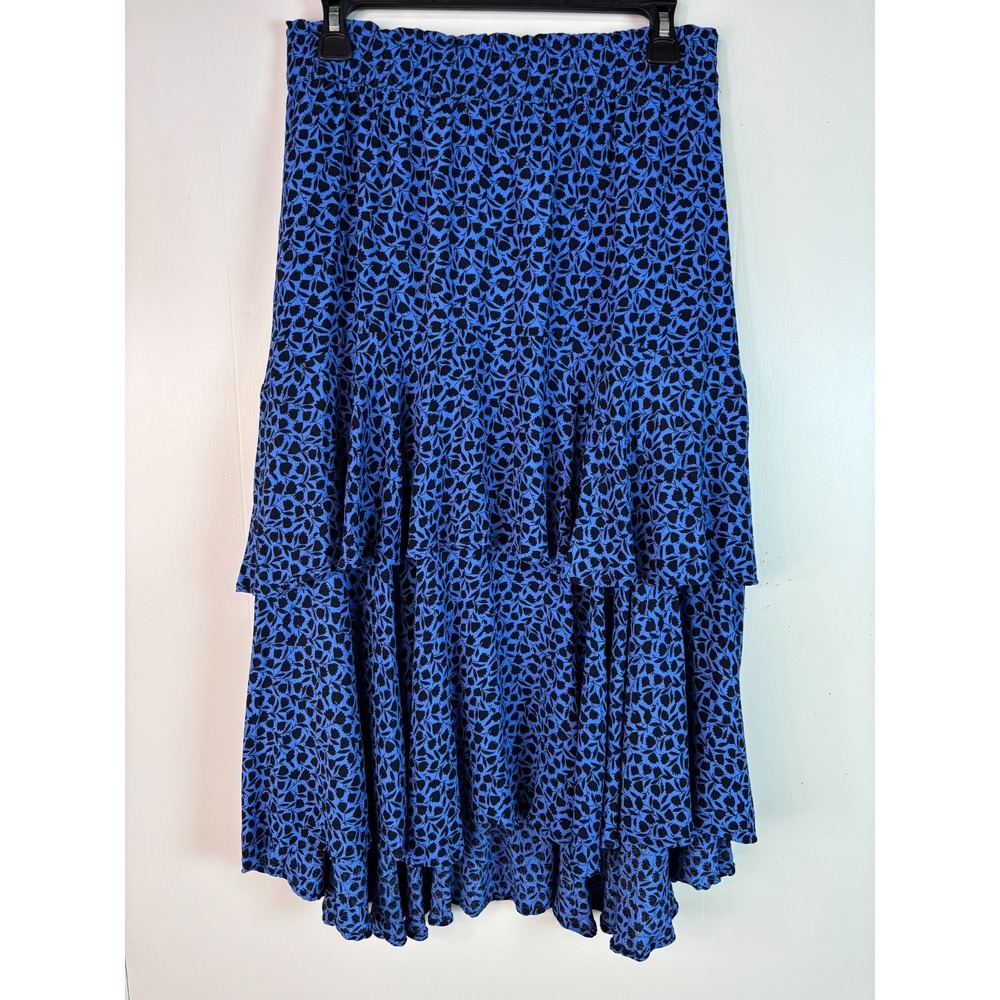 Ann Taylor Maxi Skirt Small Blue Black Floral Tiered‎ Ruffle Layered Women's